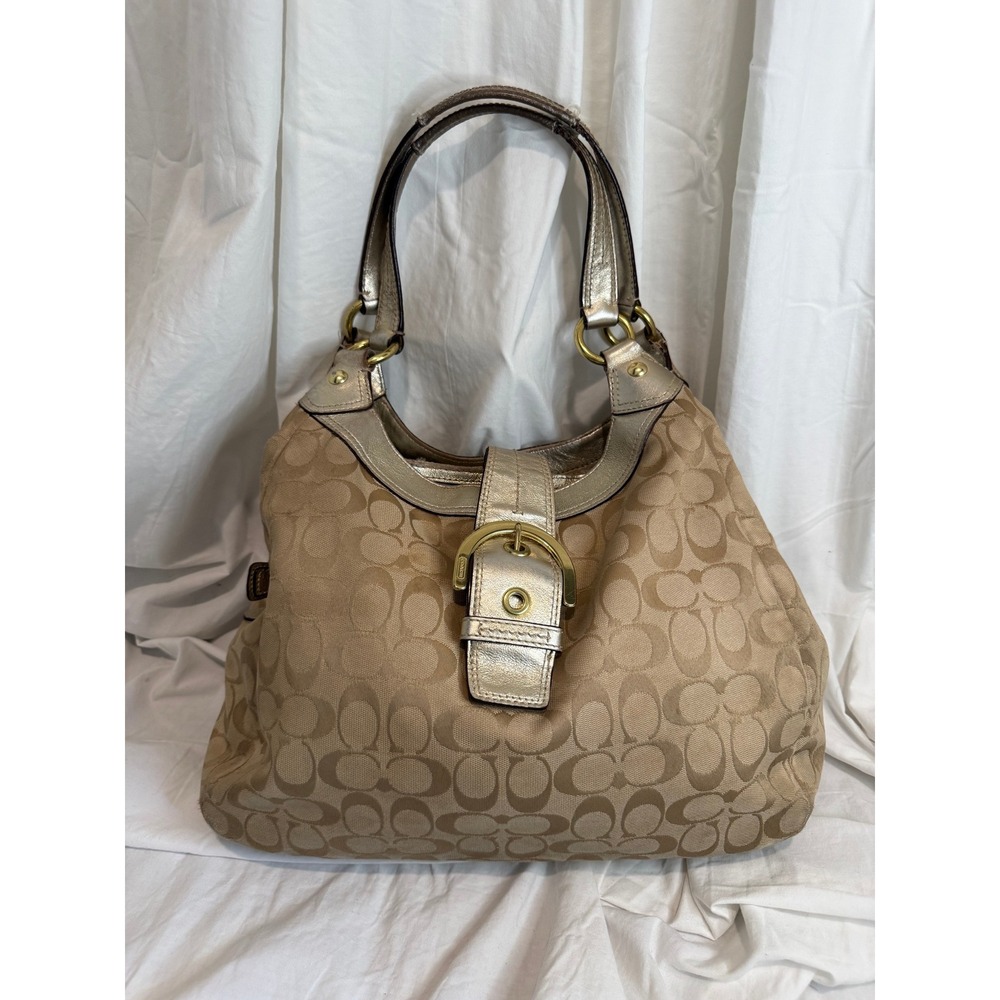 Coach Soho Signature Buckle Flap Hobo Bag Khaki Metallic F17403